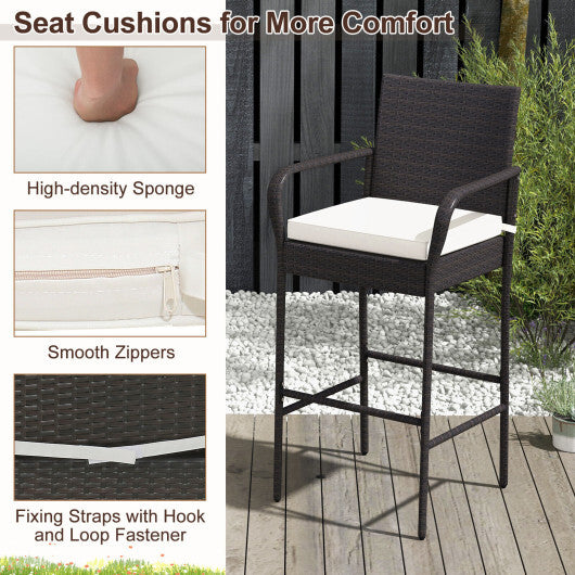 2/4 Pieces Outdoor PE Rattan Cushioned Barstool Set with Armrests-Set of 4 - Color: Off White