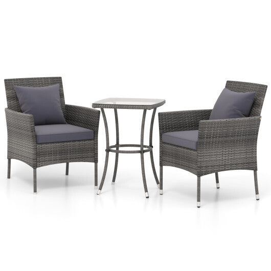 3 Pieces Patio Furniture Set with Cushioned Patio Chairs and Tempered Glass Coffee Table-Gray - Color: Gray