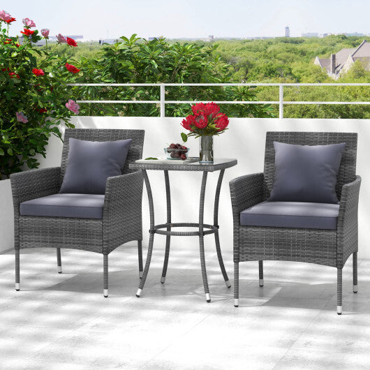 3 Pieces Patio Furniture Set with Cushioned Patio Chairs and Tempered Glass Coffee Table-Gray - Color: Gray