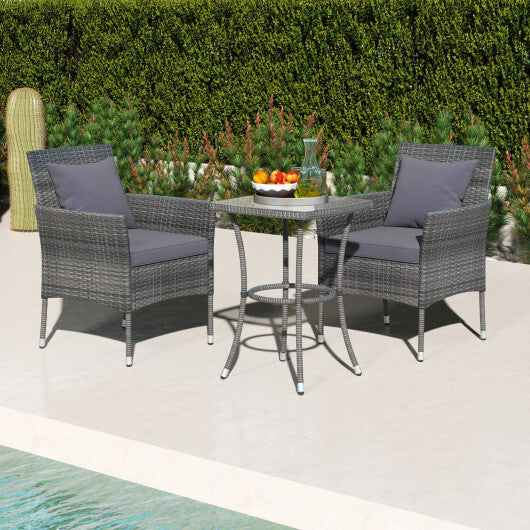 3 Pieces Patio Furniture Set with Cushioned Patio Chairs and Tempered Glass Coffee Table-Gray - Color: Gray