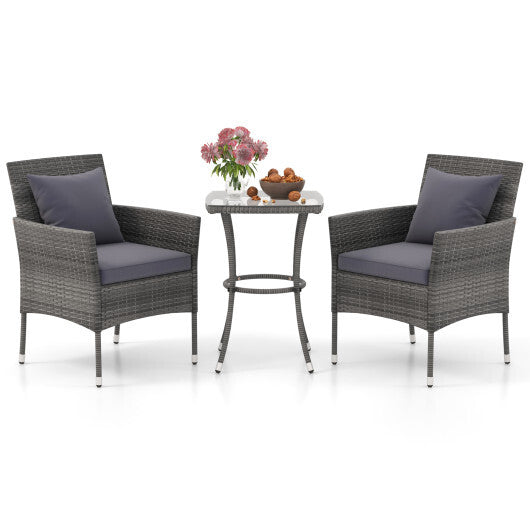 3 Pieces Patio Furniture Set with Cushioned Patio Chairs and Tempered Glass Coffee Table-Gray - Color: Gray