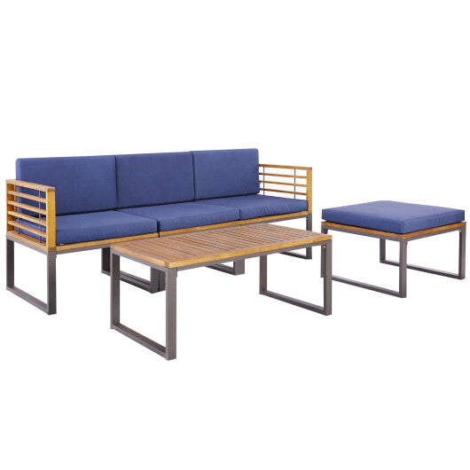 5-Piece Patio Acacia Wood Chair Set with Ottoman and Coffee Table-Navy - Color: Navy