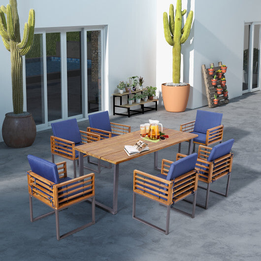 7 Pieces Patio Acacia Wood Dining Chair and Table Set for Backyard and Poolside-Navy - Color: Navy