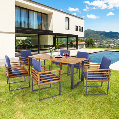 7 Pieces Patio Acacia Wood Dining Chair and Table Set for Backyard and Poolside-Navy - Color: Navy