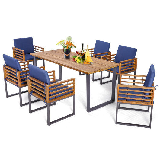 7 Pieces Patio Acacia Wood Dining Chair and Table Set for Backyard and Poolside-Navy - Color: Navy