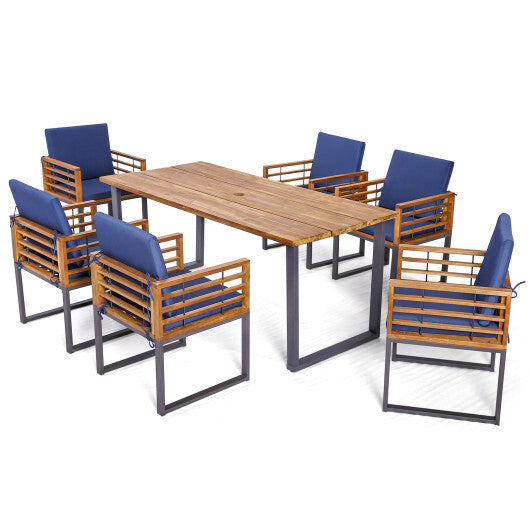 7 Pieces Patio Acacia Wood Dining Chair and Table Set for Backyard and Poolside-Navy - Color: Navy