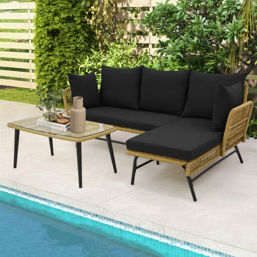 3 Pieces L-Shaped Patio Sofa with Cushions and Tempered Glass Table-Black - Color: Black