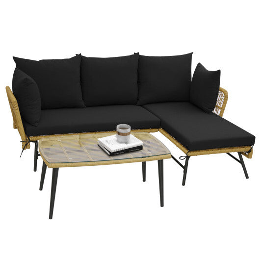 3 Pieces L-Shaped Patio Sofa with Cushions and Tempered Glass Table-Black - Color: Black