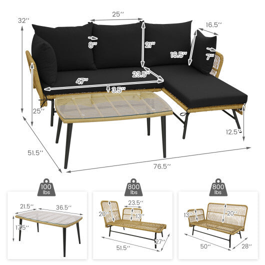 3 Pieces L-Shaped Patio Sofa with Cushions and Tempered Glass Table-Black - Color: Black