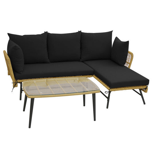 3 Pieces L-Shaped Patio Sofa with Cushions and Tempered Glass Table-Black - Color: Black