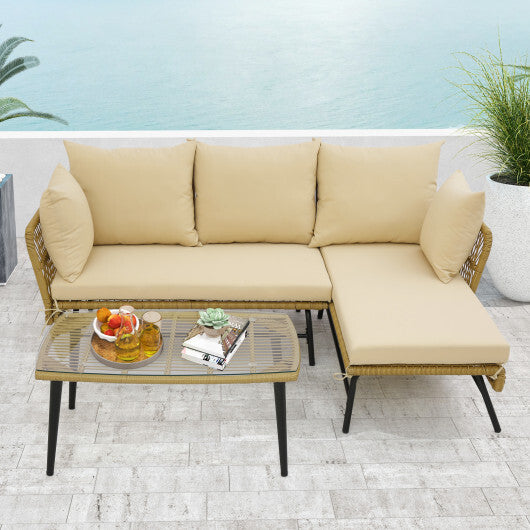 3 Pieces L-Shaped Patio Sofa with Cushions and Tempered Glass Table-Beige - Color: Beige