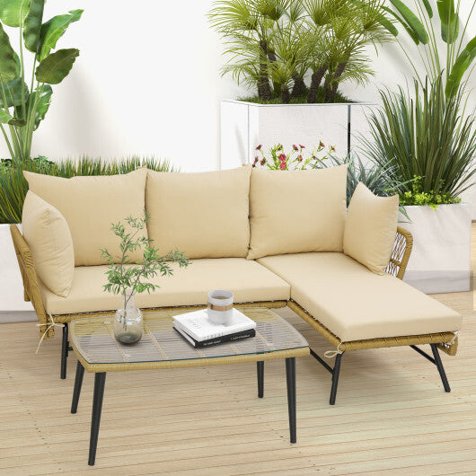 3 Pieces L-Shaped Patio Sofa with Cushions and Tempered Glass Table-Beige - Color: Beige