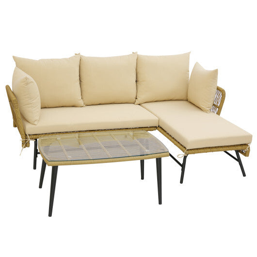 3 Pieces L-Shaped Patio Sofa with Cushions and Tempered Glass Table-Beige - Color: Beige