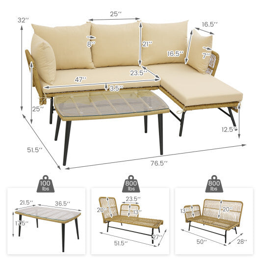 3 Pieces L-Shaped Patio Sofa with Cushions and Tempered Glass Table-Beige - Color: Beige