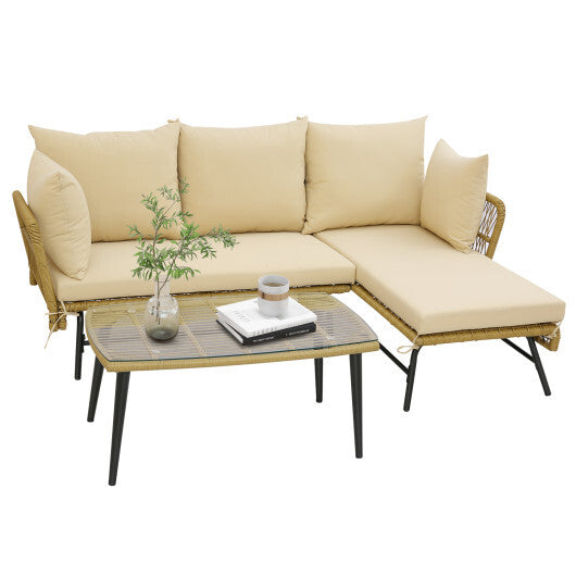 3 Pieces L-Shaped Patio Sofa with Cushions and Tempered Glass Table-Beige - Color: Beige