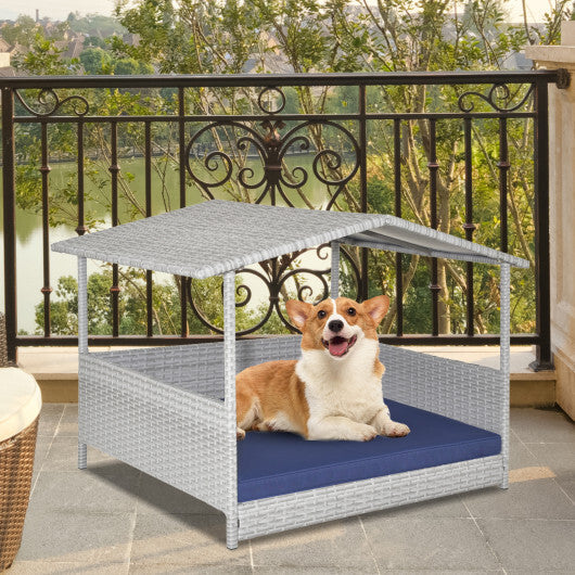 Wicker Dog House with Waterproof Roof and Washable Cushion Cover-Navy - Color: Navy