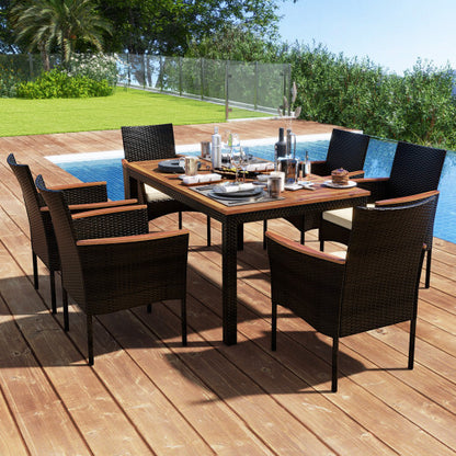 7 Pieces Rattan Patio Dining Set with Stackable Chairs and Umbrella Hole - Color: Beige