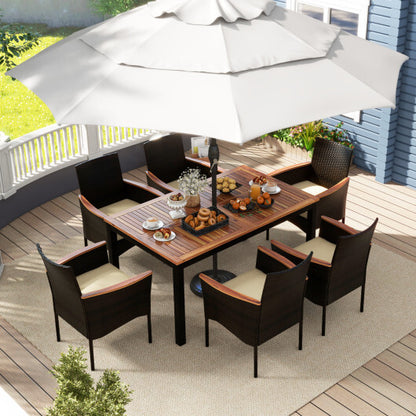 7 Pieces Rattan Patio Dining Set with Stackable Chairs and Umbrella Hole - Color: Beige