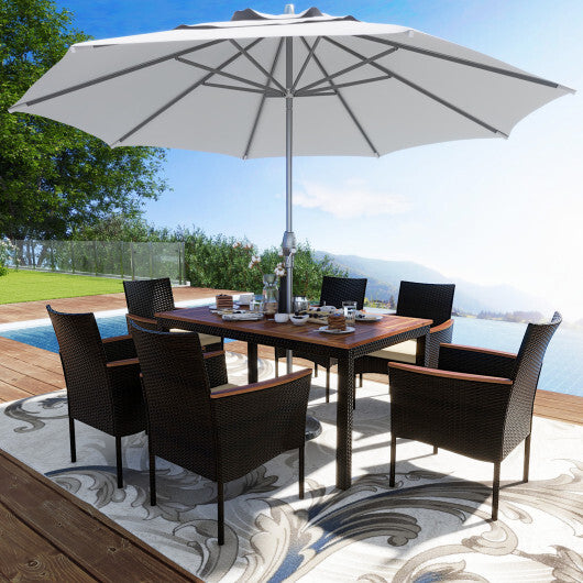 7 Pieces Rattan Patio Dining Set with Stackable Chairs and Umbrella Hole - Color: Beige