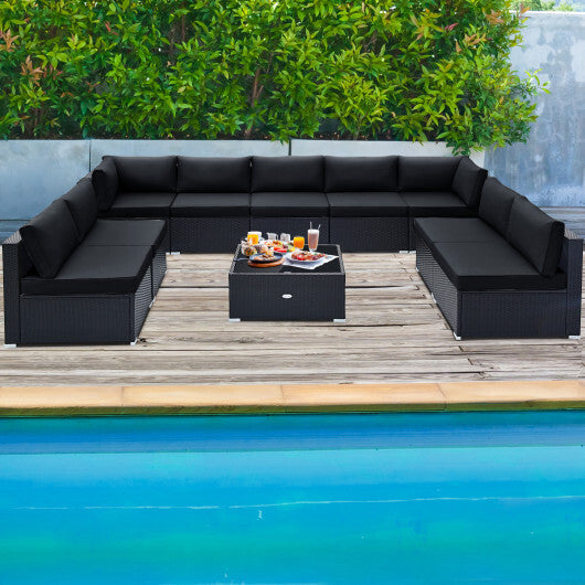 10 Piece Outdoor Wicker Conversation Set with Seat and Back Cushions-Black - Color: Black