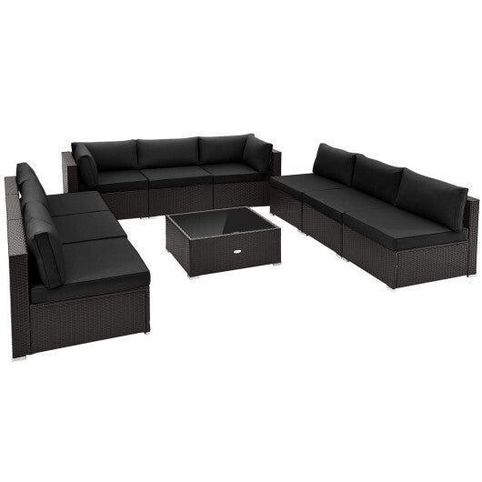 10 Piece Outdoor Wicker Conversation Set with Seat and Back Cushions-Black - Color: Black