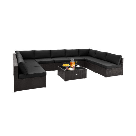 10 Piece Outdoor Wicker Conversation Set with Seat and Back Cushions-Black - Color: Black