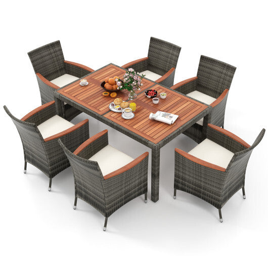 7 Pieces Patio Acacia Wood Cushioned PE Rattan Wicker Dining Set - Color: Brown