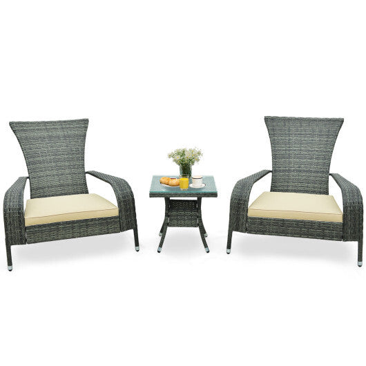 3-Piece Wicker Adirondack Set with Comfy Seat Cushions-Gray - Color: Gray