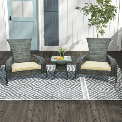 3-Piece Wicker Adirondack Set with Comfy Seat Cushions-Gray - Color: Gray