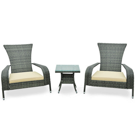 3-Piece Wicker Adirondack Set with Comfy Seat Cushions-Gray - Color: Gray