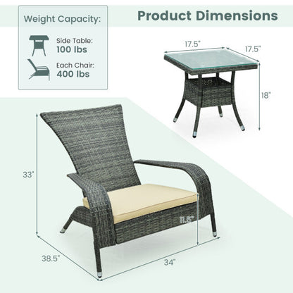 3-Piece Wicker Adirondack Set with Comfy Seat Cushions-Gray - Color: Gray