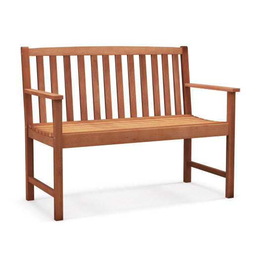 2-Seat Patio Wood Bench with Cozy Armrests and Backrest - Color: Natural