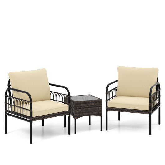 3 Pieces Patio Wicker Conversation Set with Cushions and Tempered Glass Coffee Table-Beige - Color: Beige