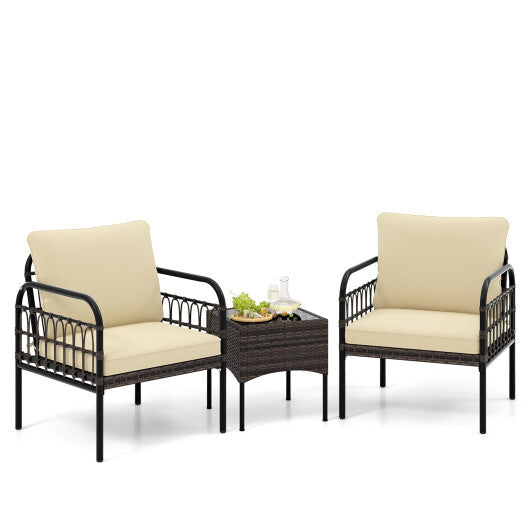 3 Pieces Patio Wicker Conversation Set with Cushions and Tempered Glass Coffee Table-Beige - Color: Beige