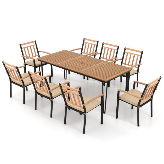 9-Piece Patio Dining Set 35.5 Inch Acacia Wood Table with Umbrella Hole and 24-Inch Wide Chairs - Color: Natural