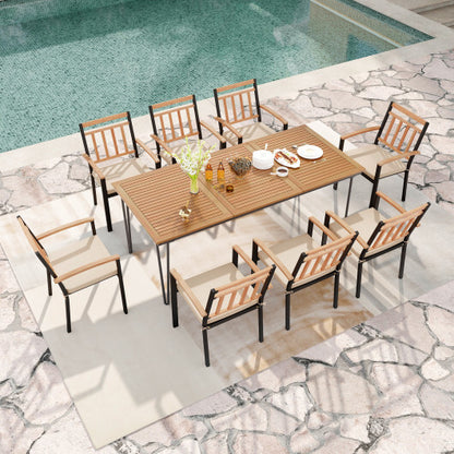 9-Piece Patio Dining Set 35.5 Inch Acacia Wood Table with Umbrella Hole and 24-Inch Wide Chairs - Color: Natural