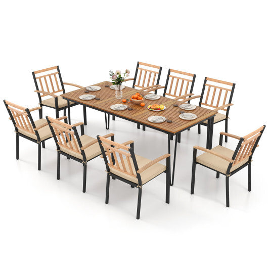 9-Piece Patio Dining Set 35.5 Inch Acacia Wood Table with Umbrella Hole and 24-Inch Wide Chairs - Color: Natural