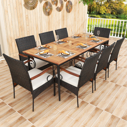 79 Inch Outdoor Dining Table and 8 Rattan-woven Dining Chairs with Acacia Wood Tabletop - Color: Natural