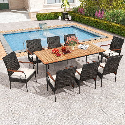 79 Inch Outdoor Dining Table and 8 Rattan-woven Dining Chairs with Acacia Wood Tabletop - Color: Natural