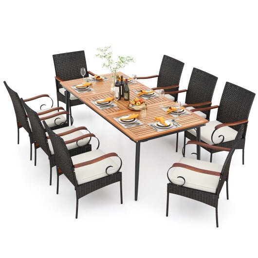 79 Inch Outdoor Dining Table and 8 Rattan-woven Dining Chairs with Acacia Wood Tabletop - Color: Natural