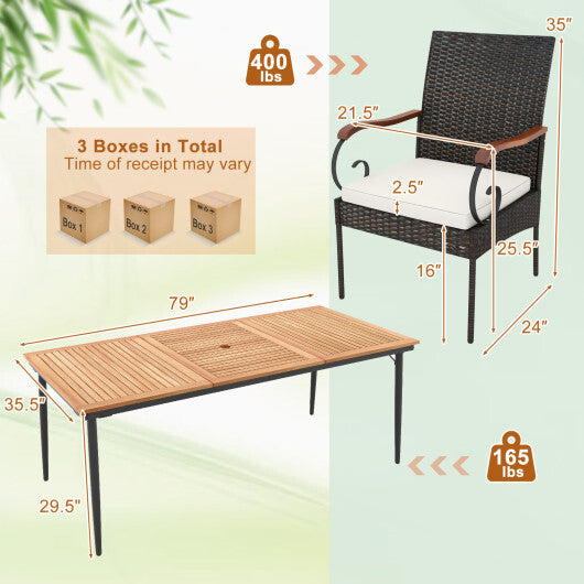 79 Inch Outdoor Dining Table and 8 Rattan-woven Dining Chairs with Acacia Wood Tabletop - Color: Natural