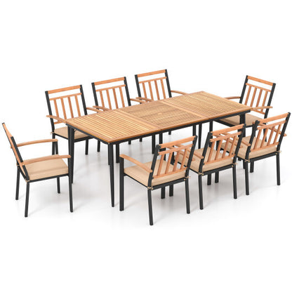 9-Piece Patio Dining Set with 8 Wooden Armchairs - Color: Natural