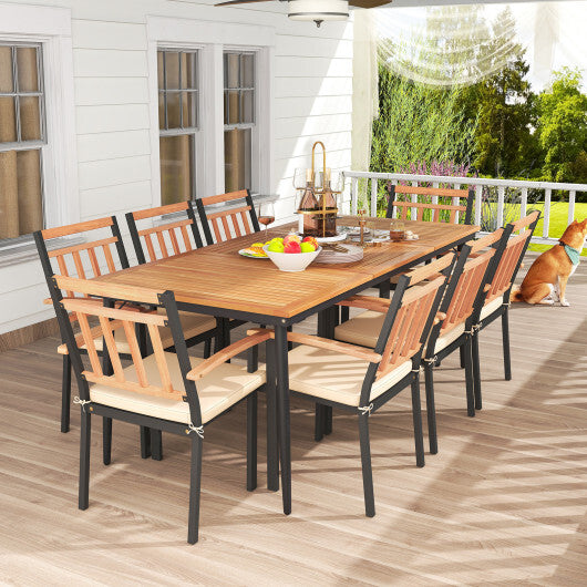 9-Piece Patio Dining Set with 8 Wooden Armchairs - Color: Natural