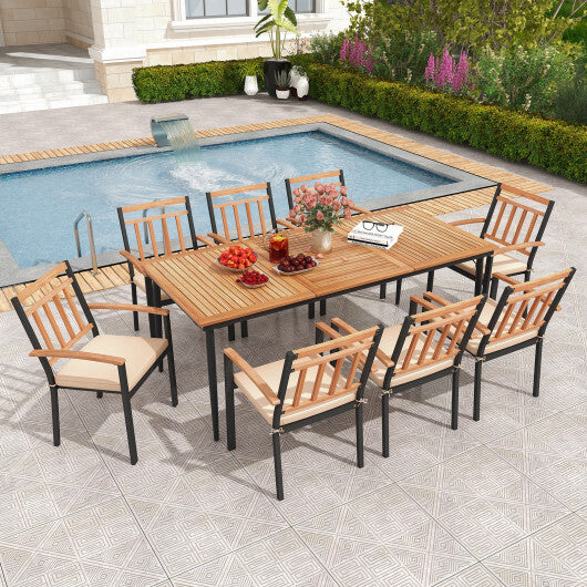 9-Piece Patio Dining Set with 8 Wooden Armchairs - Color: Natural