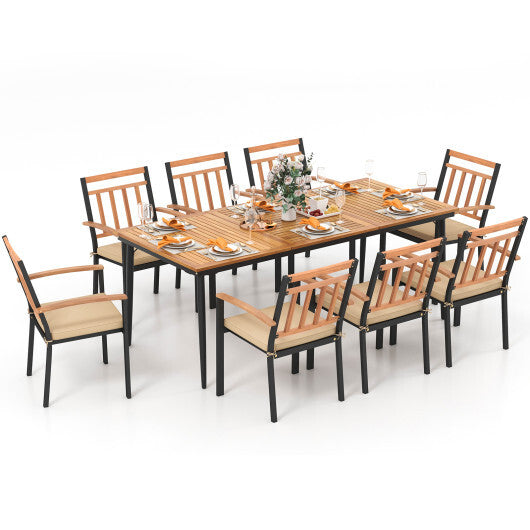 9-Piece Patio Dining Set with 8 Wooden Armchairs - Color: Natural