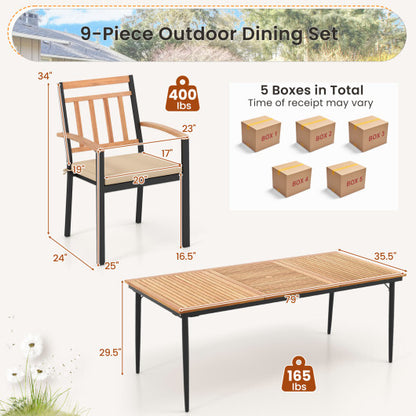 9-Piece Patio Dining Set with 8 Wooden Armchairs - Color: Natural