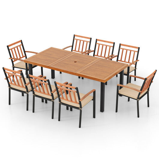 9 Pieces Patio Dining Set 39.5 Inch Acacia Wood Table with Umbrella Hole and 24-Inch Wide Chairs - Color: Natural