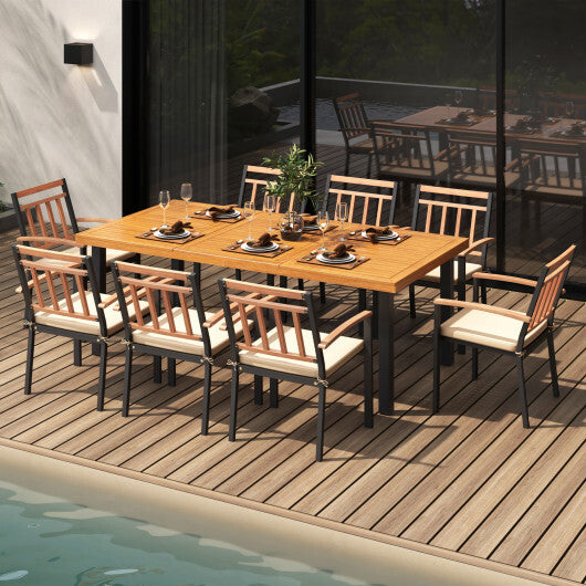 9 Pieces Patio Dining Set 39.5 Inch Acacia Wood Table with Umbrella Hole and 24-Inch Wide Chairs - Color: Natural