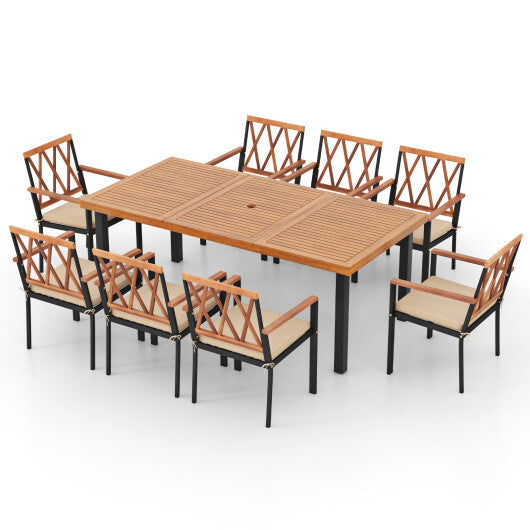 9 Pieces Patio Dining Set 39.5 Inch Acacia Wood Table with Umbrella Hole and 22.5-Inch Wide Chairs - Color: Natural