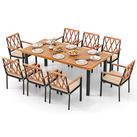 9 Pieces Patio Dining Set 39.5 Inch Acacia Wood Table with Umbrella Hole and 22.5-Inch Wide Chairs - Color: Natural